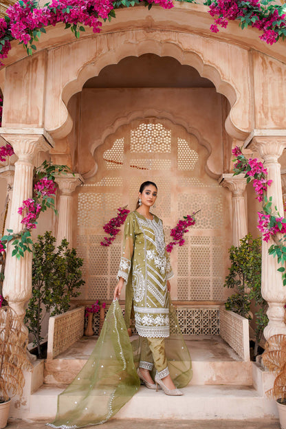 Elegant Olive Green Embroidered Dress