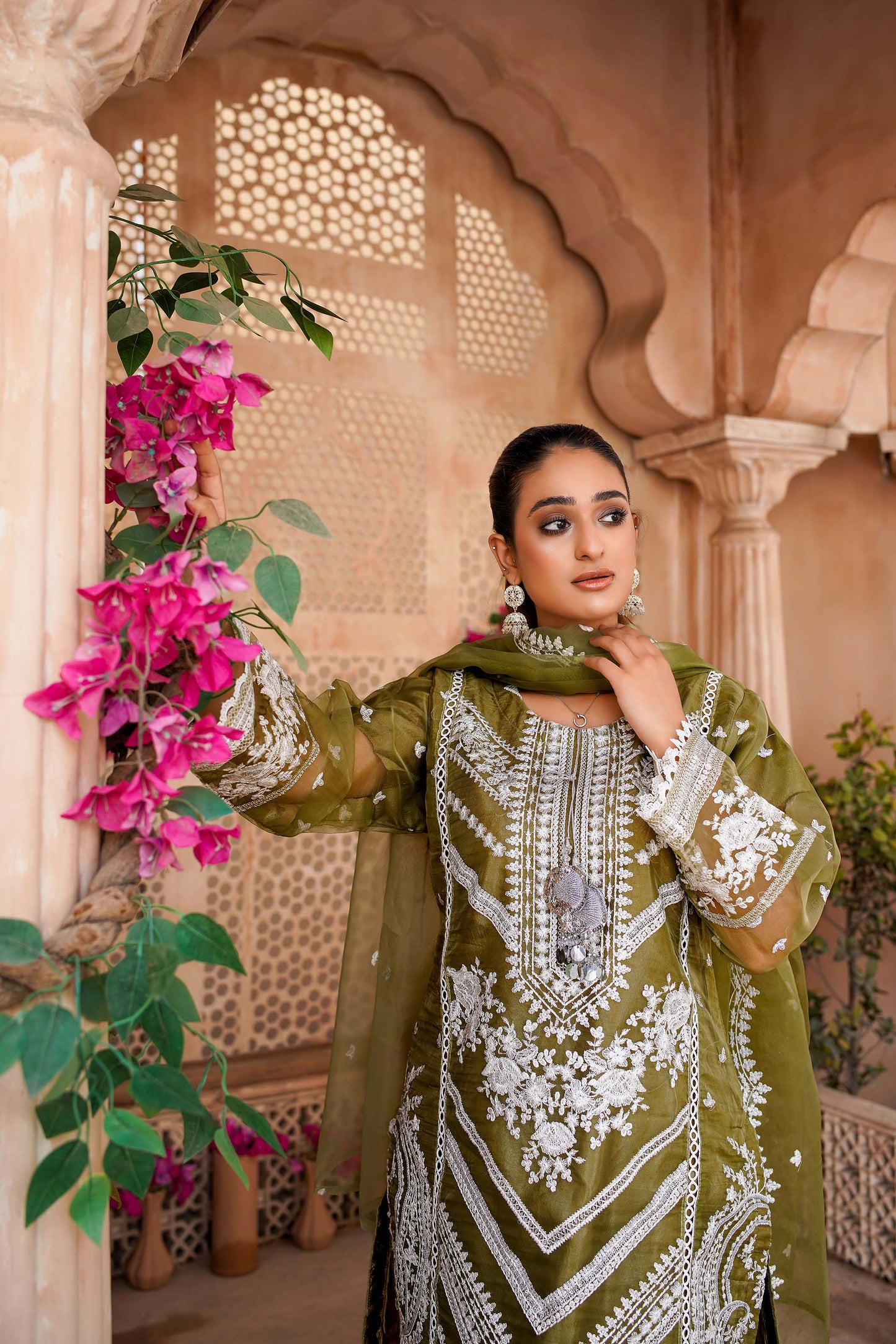 Elegant Olive Green Embroidered Dress