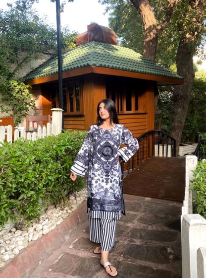 Black and White Printed Kurta Set